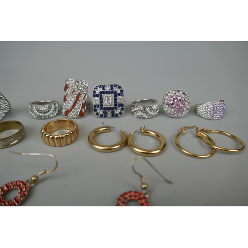 67 - 10 costume rings together with 3 pairs of earrings