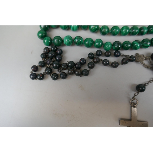 71 - Collection of beaded jewellery to include malachite and hallmarked silver crucifix