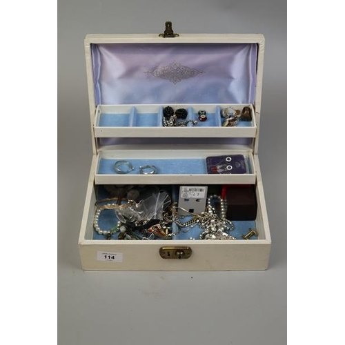 114 - Jewellery box and contents to include silver