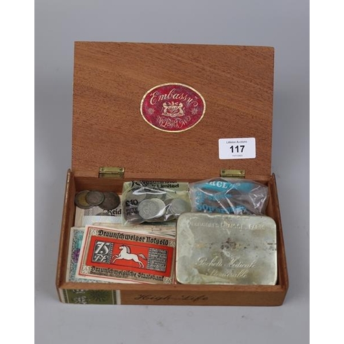 117 - Collection of coins/bank notes together with cigarette tin