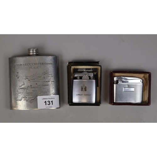 131 - 2 cased cigarette lighters together with a pewter hipflask