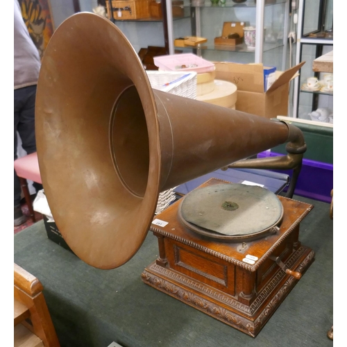 281 - Gramophone record player and horn together with a good box full of vinyl records