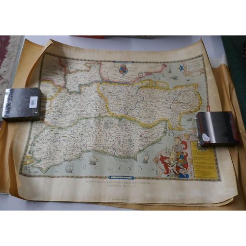 308 - 2 old maps - Saxtons map of Kent, Sussex, Surry and Middlesex 1575 & Saxtons map of Derbyshire 1... 