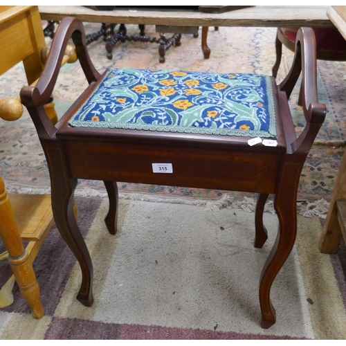 315 - Mahogany piano stool with needlepoint seat pad