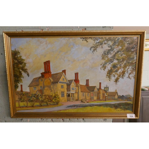 324 - Oil on board of the Kingham Arms by local artist F Palmer 1975