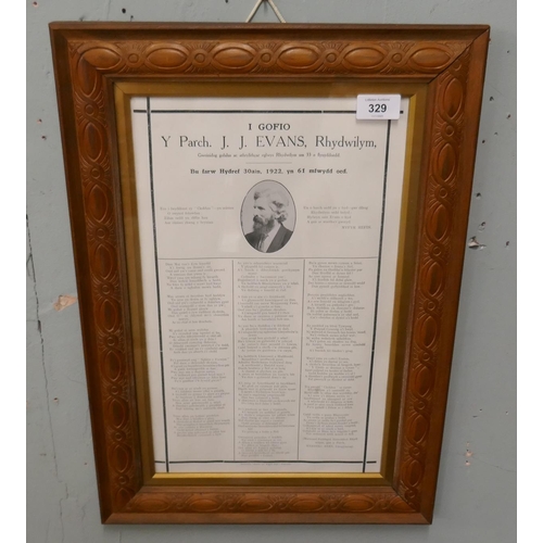 329 - Framed picture and verse of Y Parch J J Evand, Rhydwilym