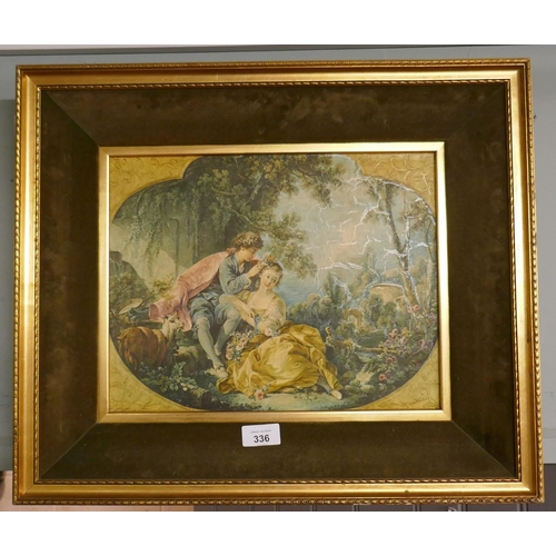 336 - Print of courting couple in a gilt and velvet frame