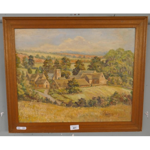 401 - Oil on canvas - Cutsdean, Cotswold by A M Mossman