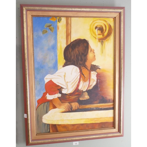 438 - Oil on canvas - Girl at drinking fountain by L J Marr - Approx image size: 53cm x 74cm