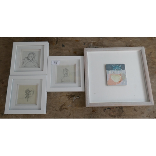 440 - Lidia Bowman miniature together with 3 pencil sketches