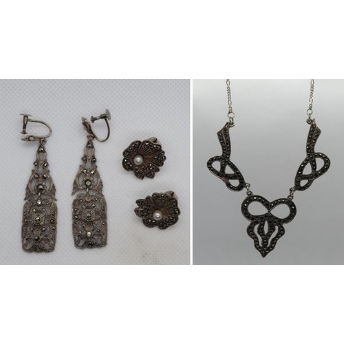 66 - Silver and marcasite necklace together with 2 pairs of earrings