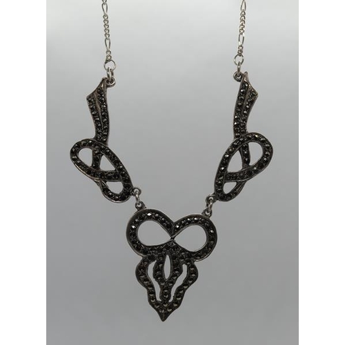 66 - Silver and marcasite necklace together with 2 pairs of earrings