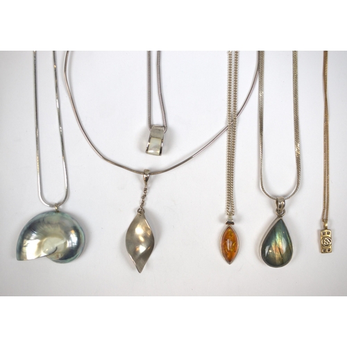 72 - 6 silver pendants to include amber and labradorite