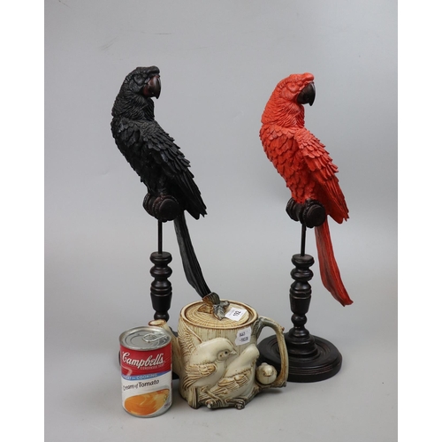 192 - Pair of parrot figurines together with a bird themed teapot - Approx height of parrots: 43cm