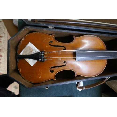 270 - Antique full size violin with bow in case