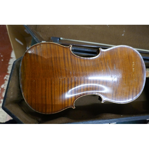 270 - Antique full size violin with bow in case