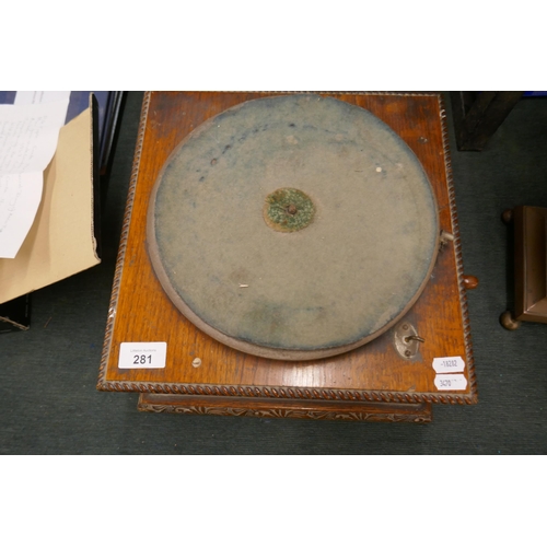 281 - Gramophone record player and horn together with a good box full of vinyl records