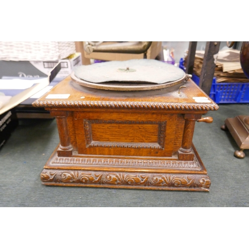 281 - Gramophone record player and horn together with a good box full of vinyl records