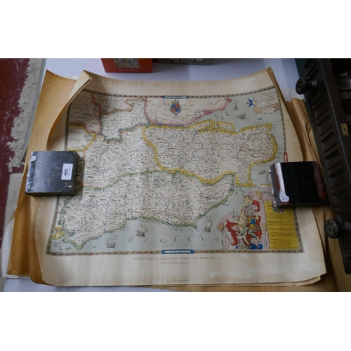 308 - 2 old maps - Saxtons map of Kent, Sussex, Surry and Middlesex 1575 & Saxtons map of Derbyshire 1... 