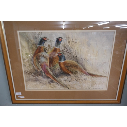 402 - Pair of watercolours by Ivor Drinkwater one of pheasants one of a fox - Approx image sizes: 58cm x 3... 