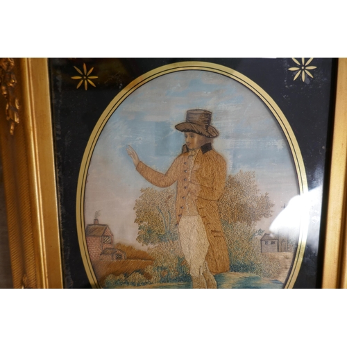 441 - Late C18th fine embroidery of a gent with backing of original frame