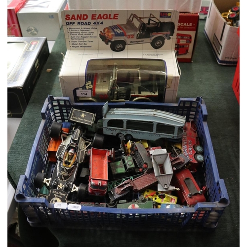 114 - Collection of used and played with diecast vehicles together with an R/C Sand Eagle jeep in original... 