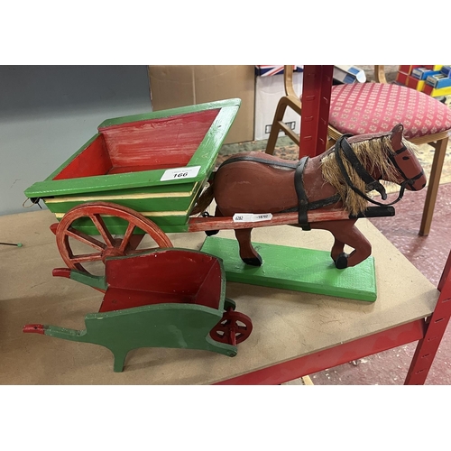 166 - Handmade vintage wooden horse and cart and wheelbarrow