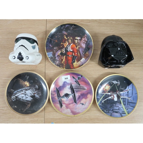 408 - Ceramic Darth Vader and Stormtrooper heads together with 4 collectors plates