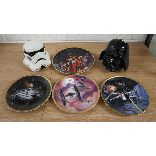 408 - Ceramic Darth Vader and Stormtrooper heads together with 4 collectors plates