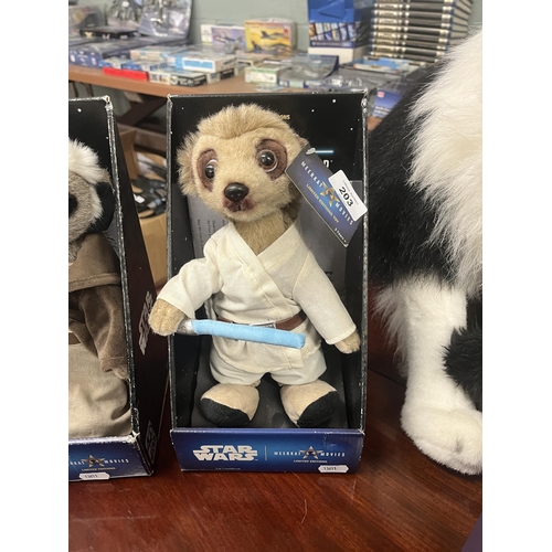 203 - Star Wars Meerkat Movies collectable soft toys in original boxes - Luke, Obi Wan and BB8