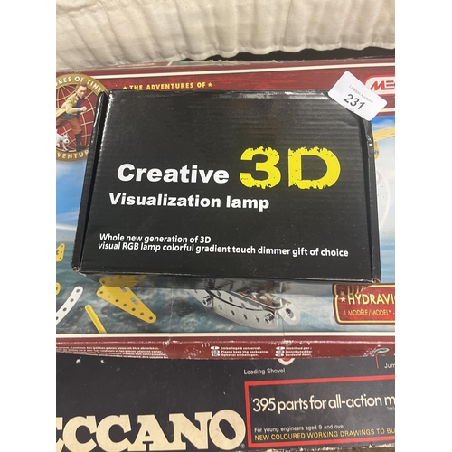 231 - Meccano action kit for all models, tin tin, and a creative 3D visualisation lamp