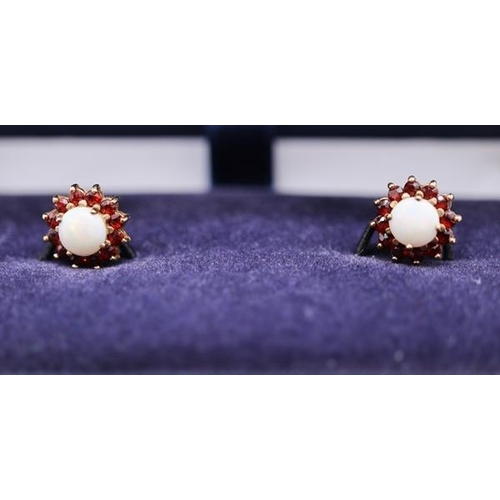 71 - 9ct gold opal and garnet cluster earrings