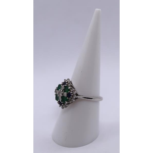 83 - 18ct gold emerald sapphire and diamond cluster ring - Size N½