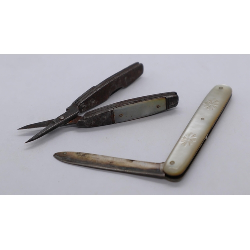 10 - Mother-of-pearl and silver pocket knife together with a scissor penknife A/F