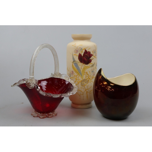 150 - 2 ceramic vases together with cranberry glass basket