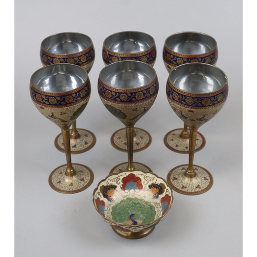 169 - Metal goblets adorned with peacocks together with a bon-bon dish