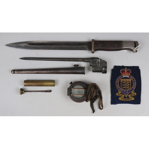 186 - Portugese Mouser bayonet together with a spike bayonet in scabbard, military compass, Lea Enfield oi... 