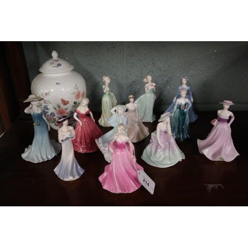 214 - Collection of Coalport lady figures to include lidded vase