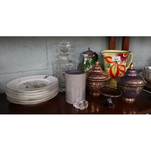 223 - Collection of ceramics and other items to include 6 hand decorated cabinet plates, crystal decanter ... 