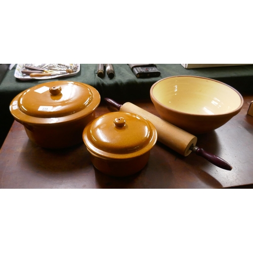 238 - 2 large casserole dishes together with an old large mixing bowl and rolling pin