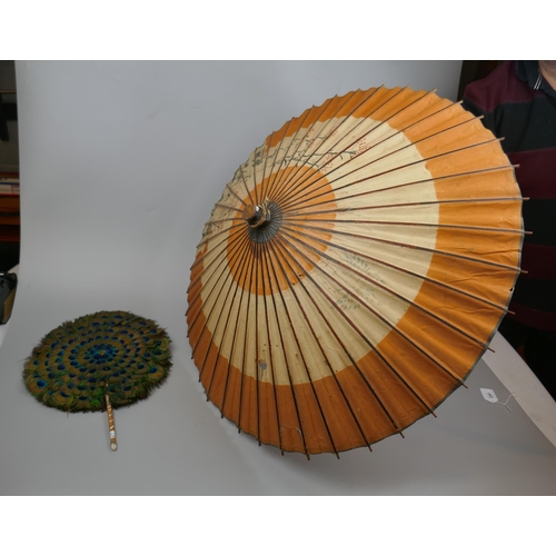 290 - Peacock feather fan together with parasol