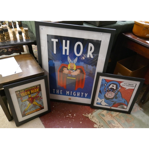 306 - 3 Framed Marvel pictures to include Thor, Iron Man and Captain America