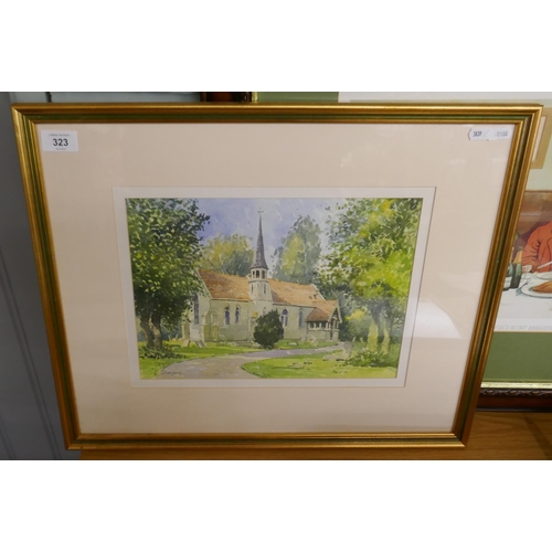 323 - Watercolour of Luddington church by John Davis - Approx image size: 32cm x 24cm