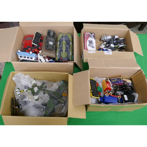 357 - Collection of mostly unboxed diecast vehicles to include motorbikes