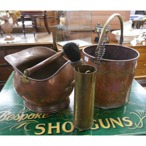 390 - Brass and copper coal scuttle together with WW1 shellcase, poker and brush