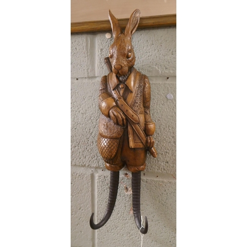 397 - Black forest carved hunting rabbit coat hook with rams horn hooks