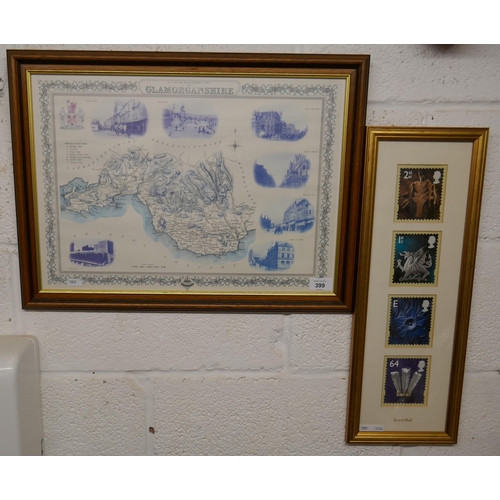 399 - 2 framed pictures with a Welsh theme - Welsh stamps and a map of Glamorganshire