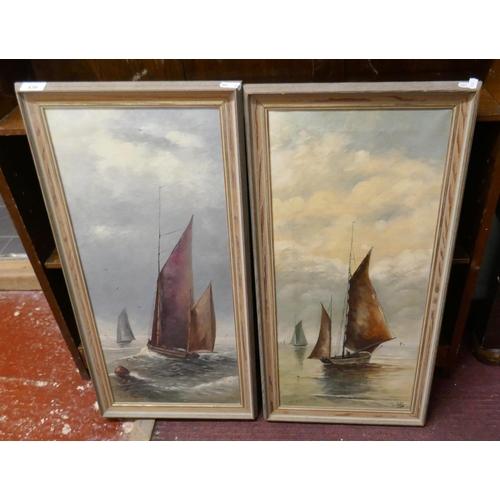 438 - 2 framed oil on canvas of sailing boats signed F.W.G. - Approx image sizes: 67cm x 29cm