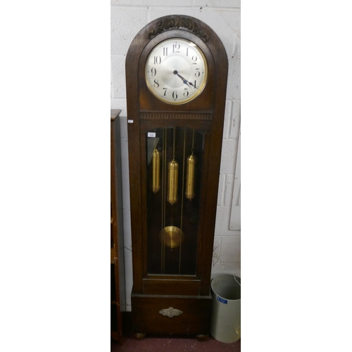 439 - Art Deco oak long case clock with brass weights and pendulum in GWO