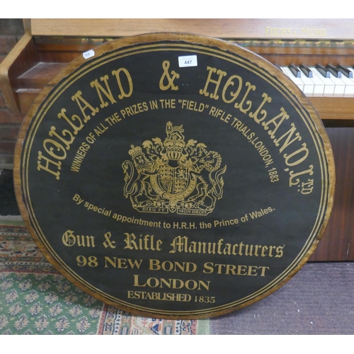 447 - Wooden advertising plaque - Holland and Holland Ltd - Approx diameter: 80cm